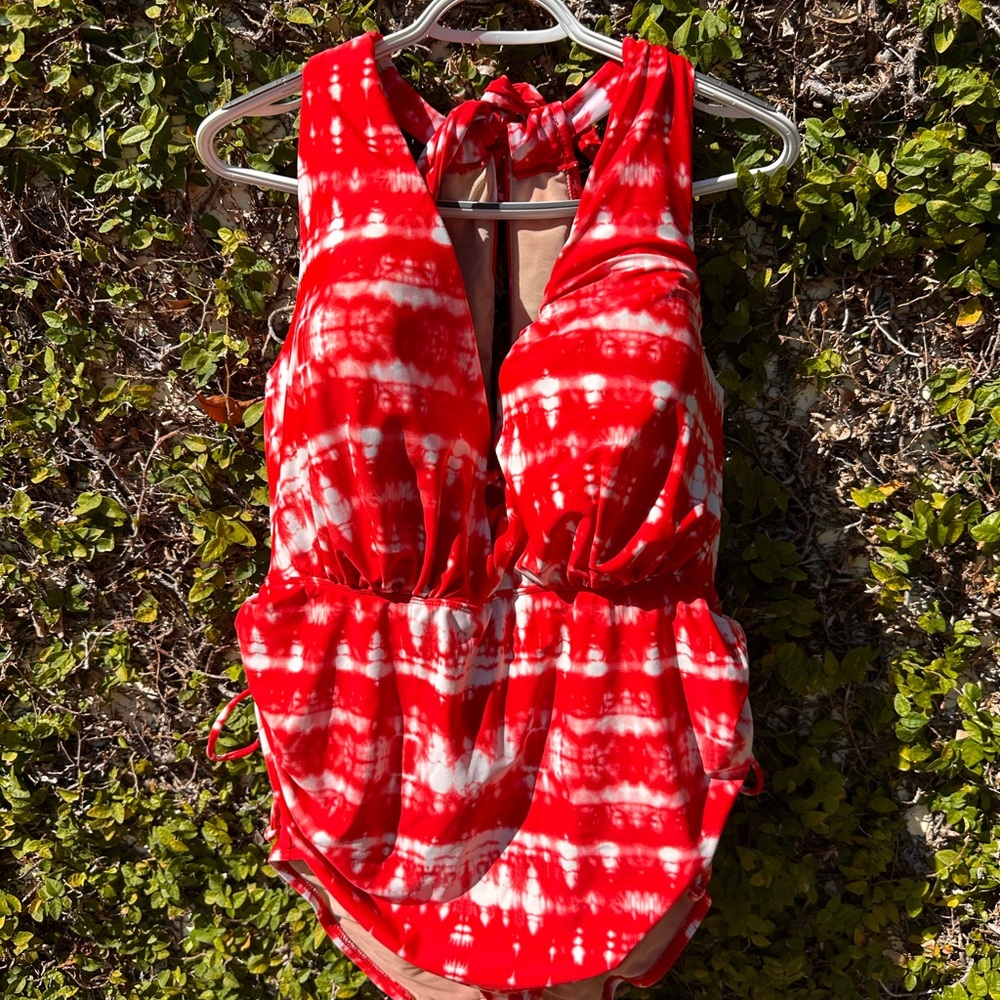 Cacique for Lane Bryant Red and White Tie-Dye Swimsuit